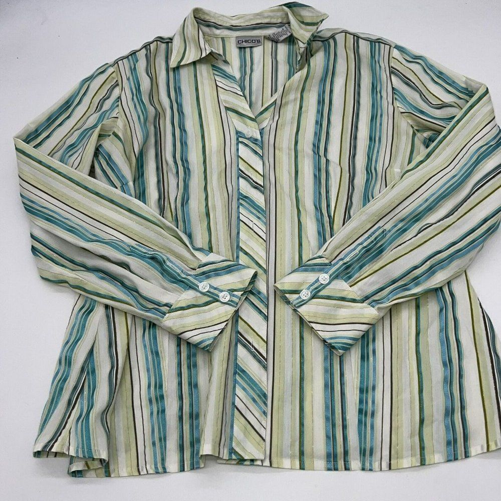 CHICO'S Green Striped Shirt Size 2 Large CHICOS Blouse Top STRETCH Long Sleeve